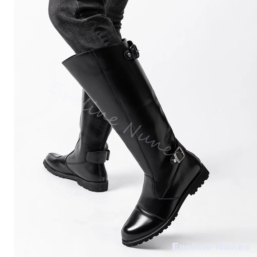 Retro-Minimalist Riding Boots Men British-Style Zippers Belt Buckle Motorcycle Boots Brown Platform Chunky Heel Knee High Boots