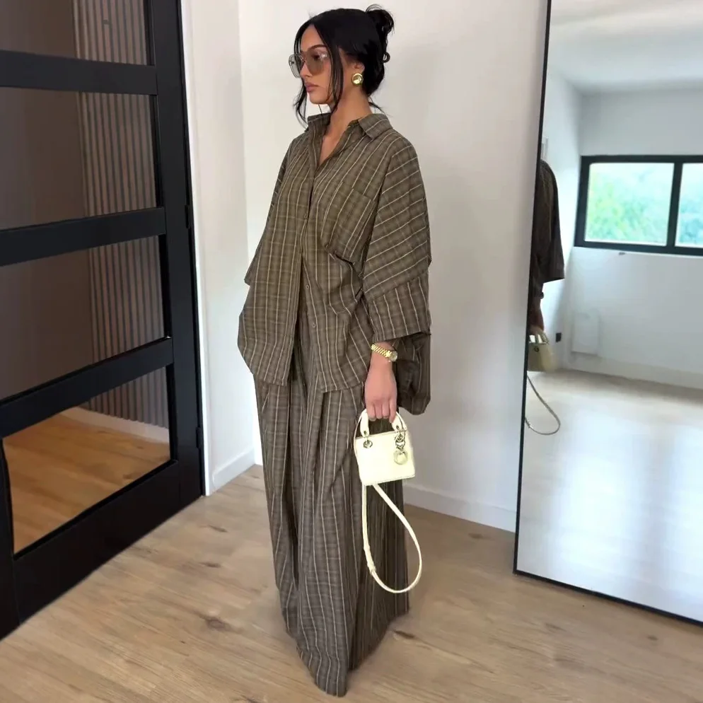Women's Outfit: Loose-fitting Long-sleeved Plate Shirt And Random Long Pants, A Stiglich New Two-piece Set Clothing Clothes