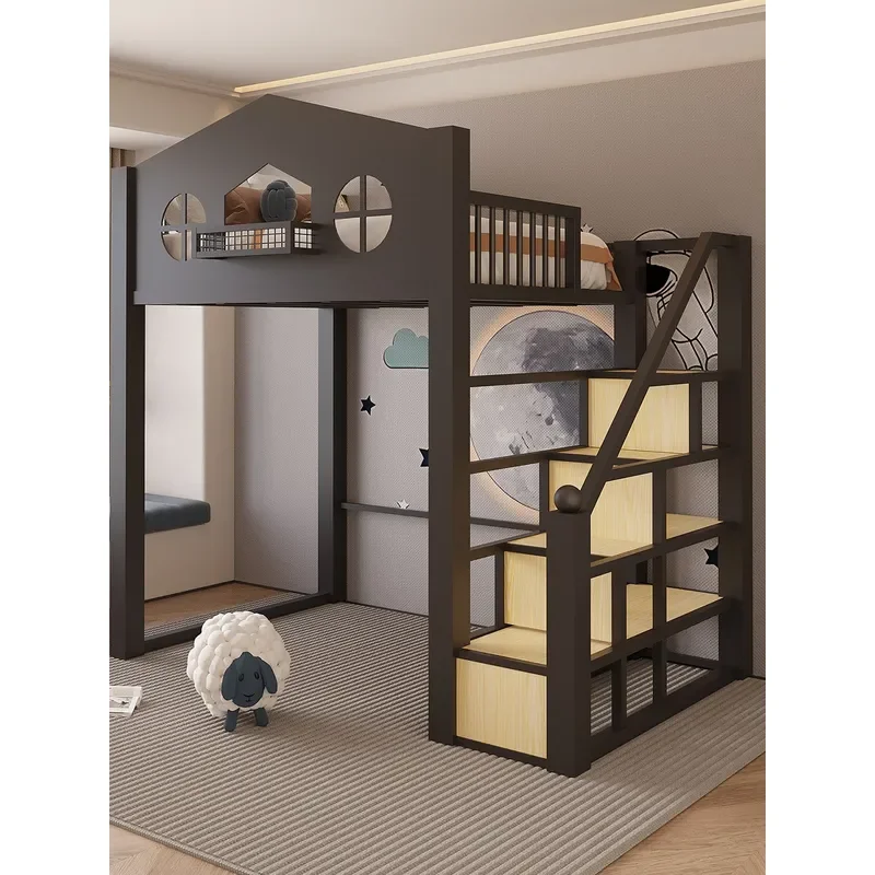 Duplex Elevated Tree House Loft Bed for Children Wrought Iron Bunk Bed with Empty Partition Underneath Upper Suspended