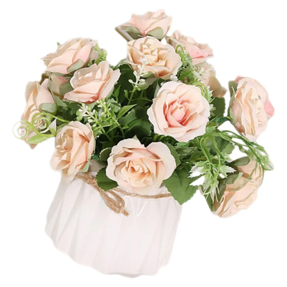 

Artificial Rose Potted Plant Realistic Silk Flower Ceramic Pot Vivid Fake Bonsai Indoor Office Decor Faux Plants Ornament