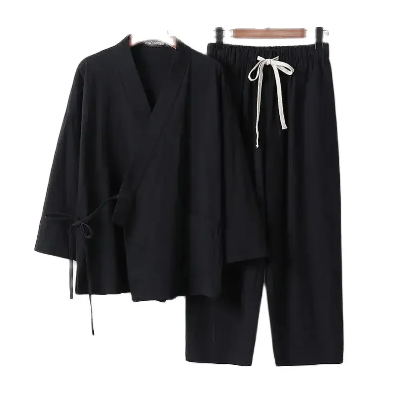 Kimono Pajamas Japanese Cotton 2PCS Set Yukata Samurai Men Ninjya Monk Wear Chef Gardening Workwear Japan Style Jinbei