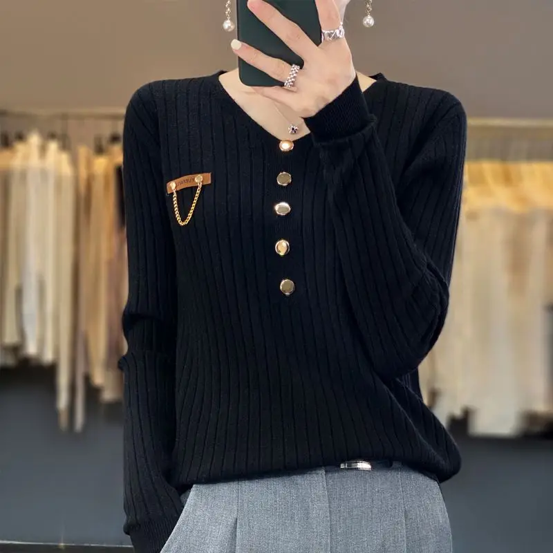 V Neck Button Patchwork All-match Pullovers Top Spring Autumn Long Sleeve Solid Elegant Sweaters Vintage Fashion Women Clothing