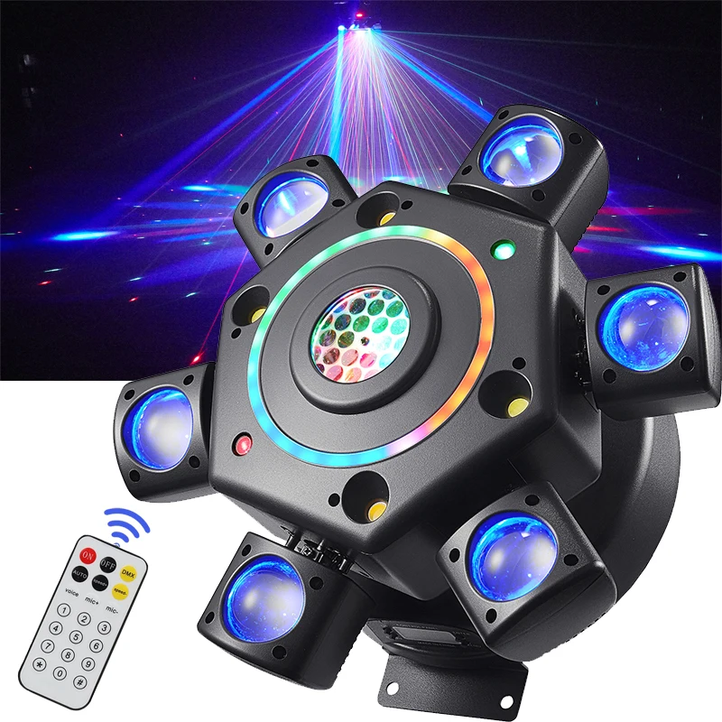 Projecteurs LED à six bras avec faisceau lumineux, laser, stroboscope, boule magique rotative, multifonctionnels, DMX, pour discothèque, DJ, fête, bar, scène