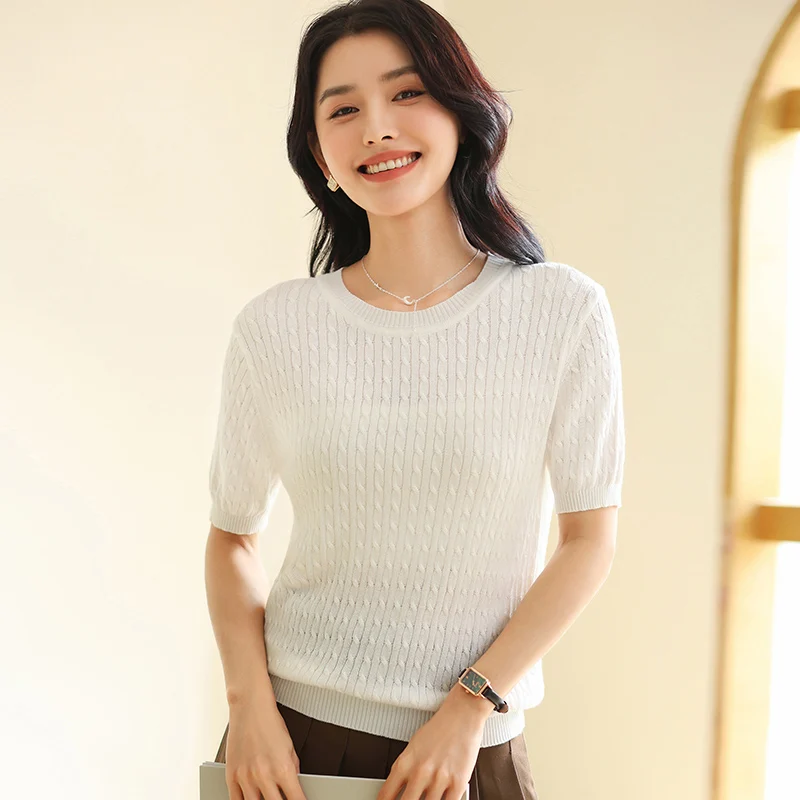 Summer New T-shirt 100% Pure Cotton Round Neck Short Sleeve Fashion Fried Dough Twists Vest Casual Solid Color Knitting Tees