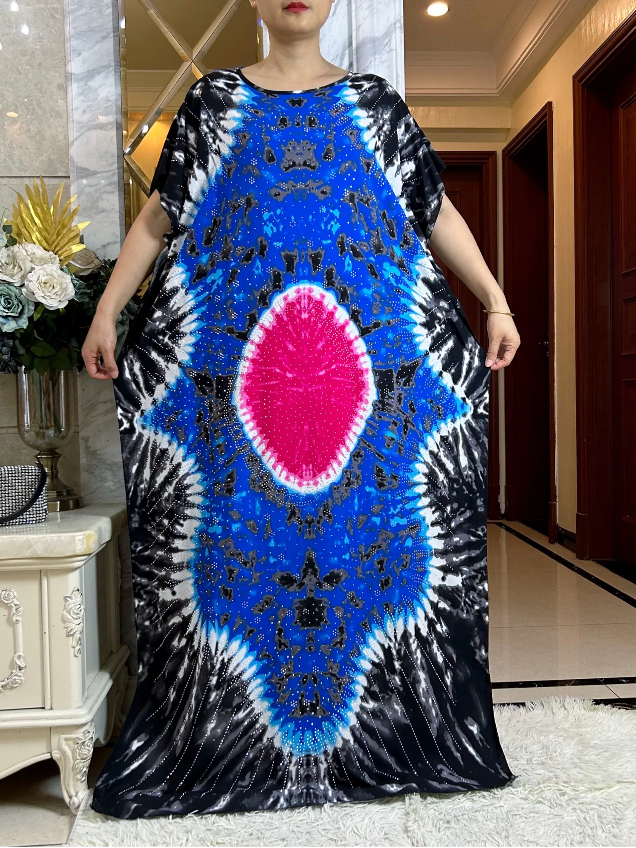 Latest Muslim Diamond Dress Cotton Loose  African Dashiki Floral Printed Summer Short Sleeve Women Casual Dresses With Big Scarf