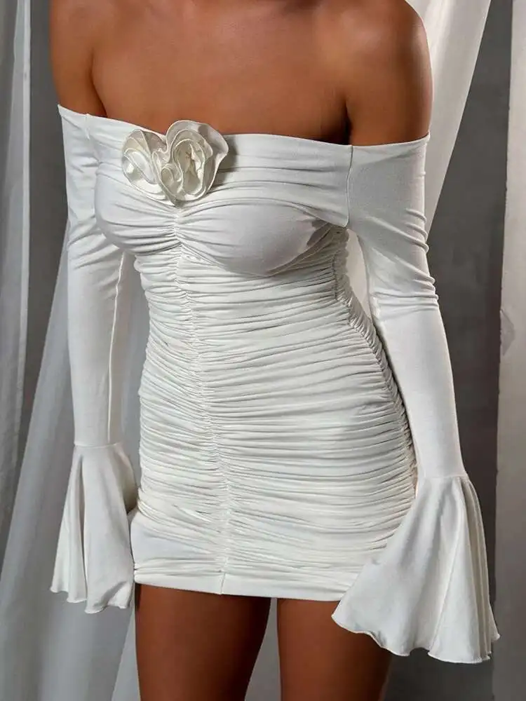 Blifanbo Trägerloses Blumen-Sexy-Schulter-Minikleid für Damen, modisch, lange Aufflackernärmel, rückenfrei, gerüscht, Club-Partykleid, elegant