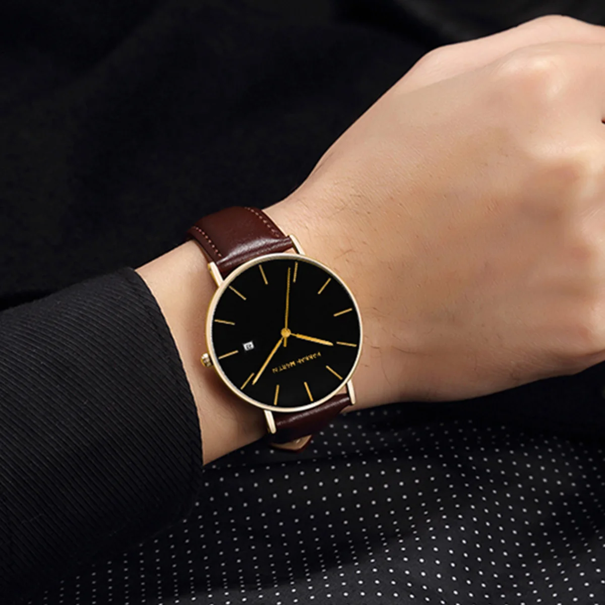 Reloj para hombre, movimiento de cuarzo japonés superior, 40mm, cuero negro, estilo empresarial, Hannah Martin, 3bar, relojes deportivos impermeables para hombre