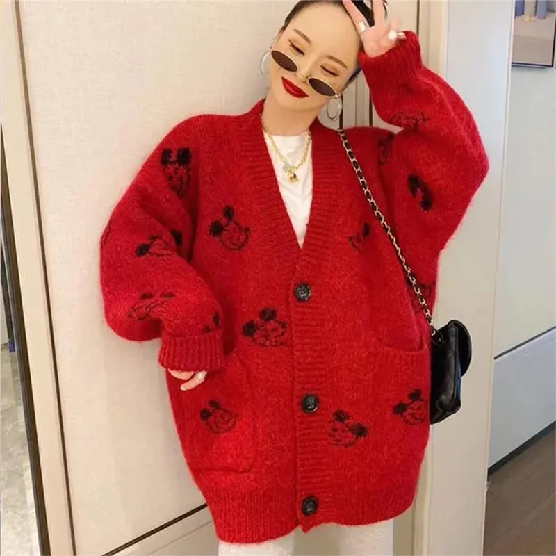 Spring Autumn Ladies Knitwear Top Coat Korean Female V-neck Knitting Cardigan Jacket  2024 Women Loose Fitting Sweater Outerwear