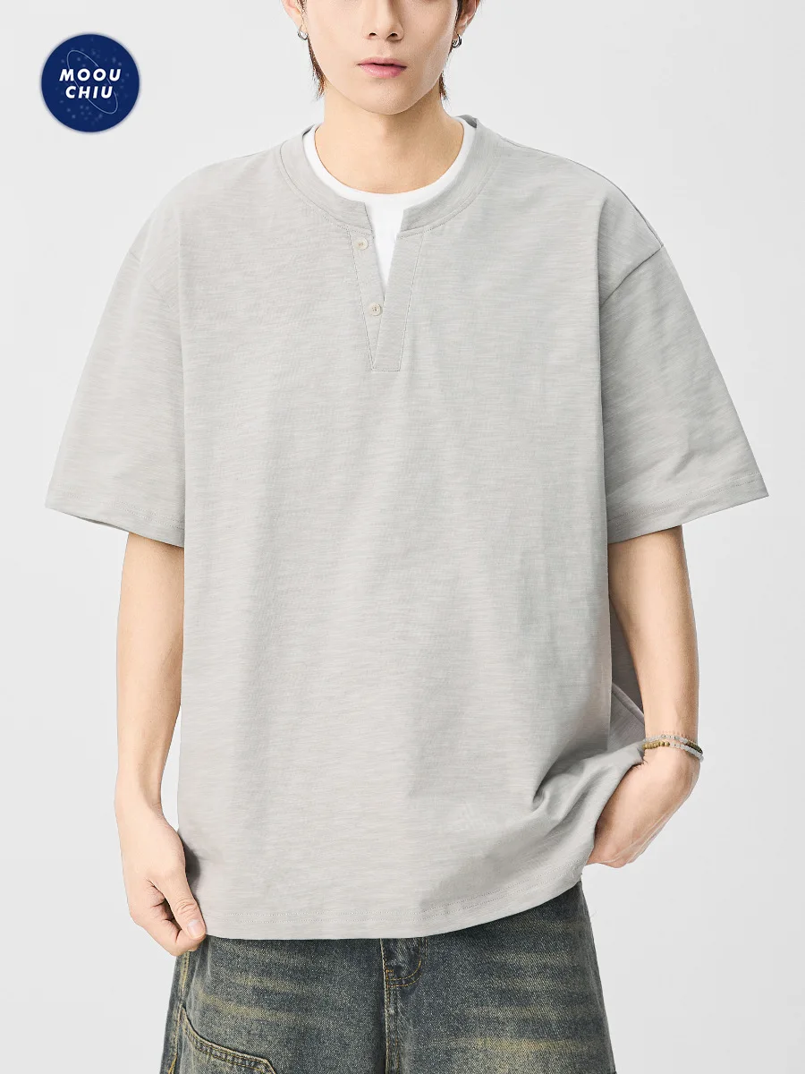 

Men's Loose-fitting, V-neck, crew neck, half-sleeve casual T-shirt with a faux two-piece design and textured bamboo cotton.