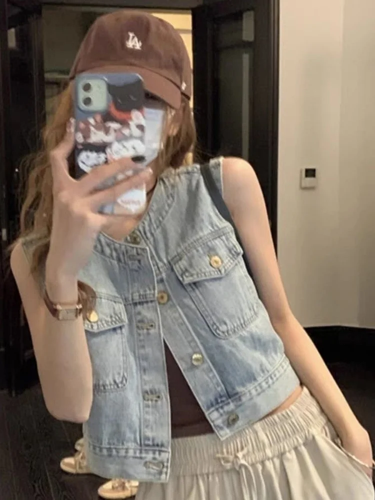 

Retro Denim Vest Women's Short Outerwear Design Sense Small Size Outfit Casual Button up Polyester Summer Fashion Vest