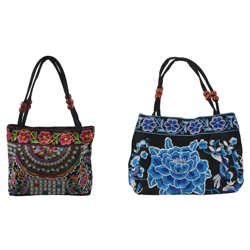 

2x Women Handbag Embroidery Ethnic Summer Fashion Handmade Flowers Ladies Tote Shoulder Bags (Flowers&Blue Peony)