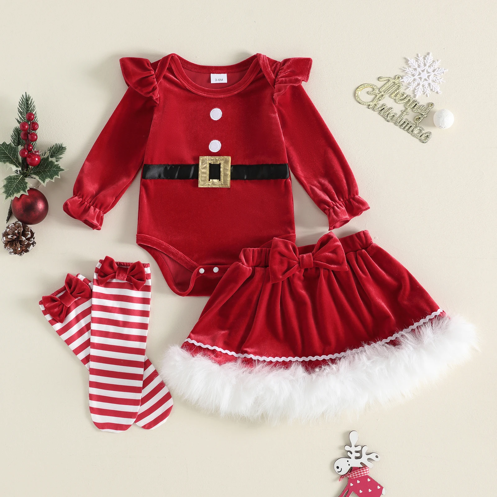 Baby Girl Christmas Outfits Crew Neck Velvet Romper Skirts Stripe Socks Baby Winter Clothes Xmas Costume Set