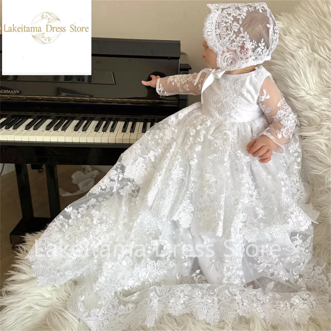 White Flower Girl Dresses Lace Appliques With Bow Long Sleeve For Wedding Birthday Party First Communion Gowns