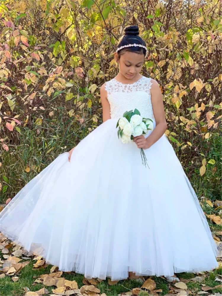 Vestido elegante de tul blanco sin mangas para niña, cinturón de lazo de encaje, vestidos de niña de flores, baile, desfile de belleza, primera comunión, regalo sorpresa de sueño para niños