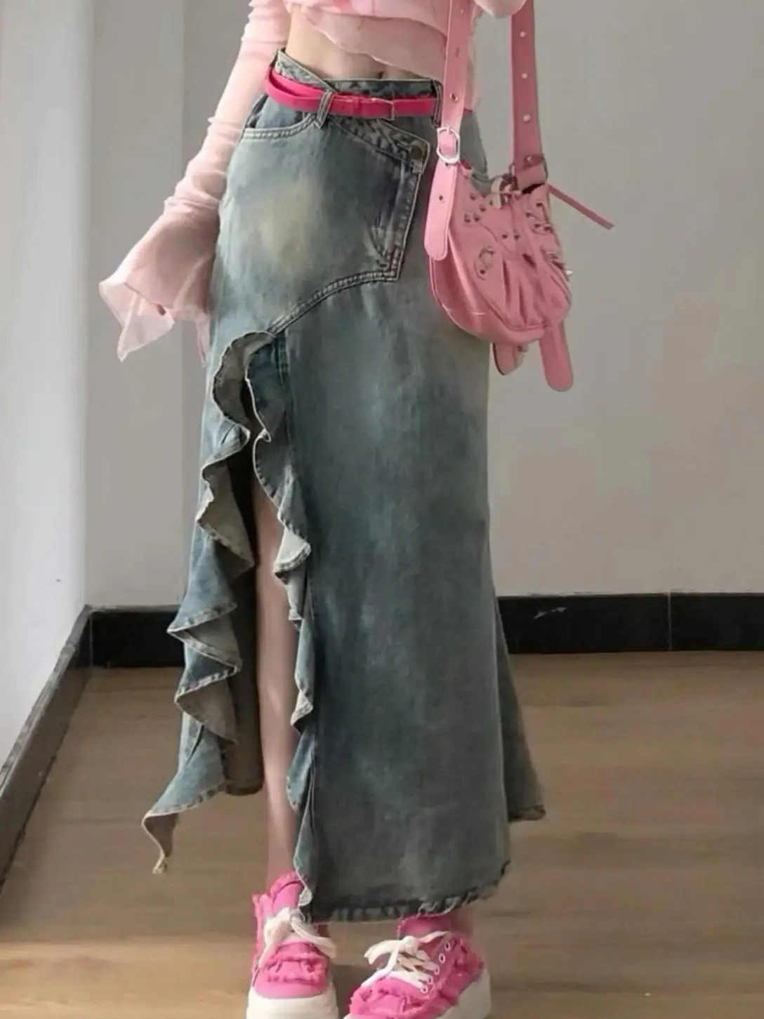 Handsome Girl Irregular Ruffles Split Denim Fishtail Skirt 2025 Summer New Blue High Waist Versatile Age-reducing Long Skirts