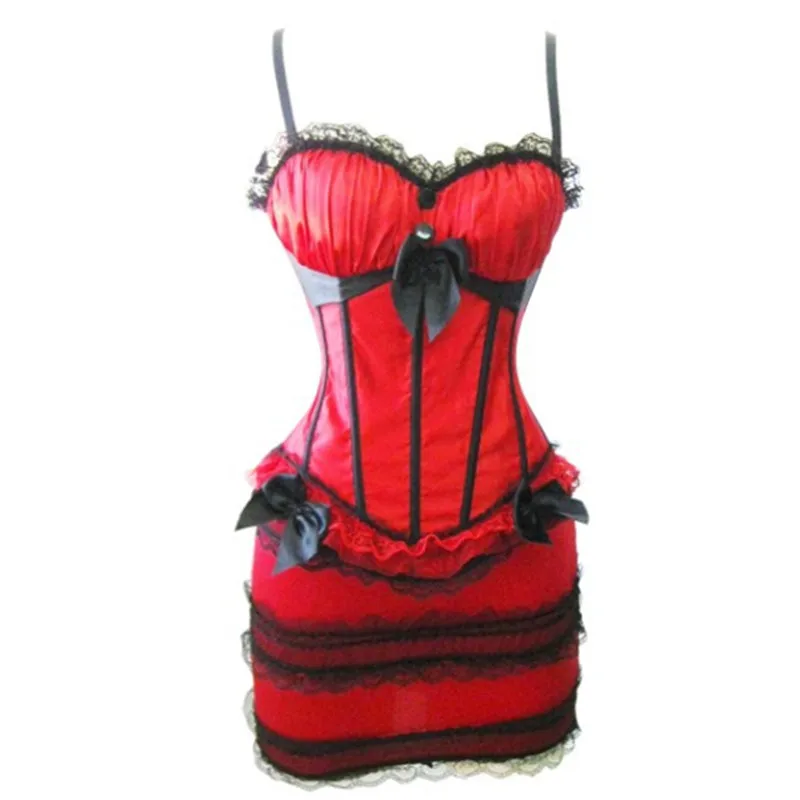 Sexy Woman Fancy Lace Bowknot Corset Top with Mini Tutu Skirt Red Satin Corset Dresses Showgirl Dance Carnival Party Costumes