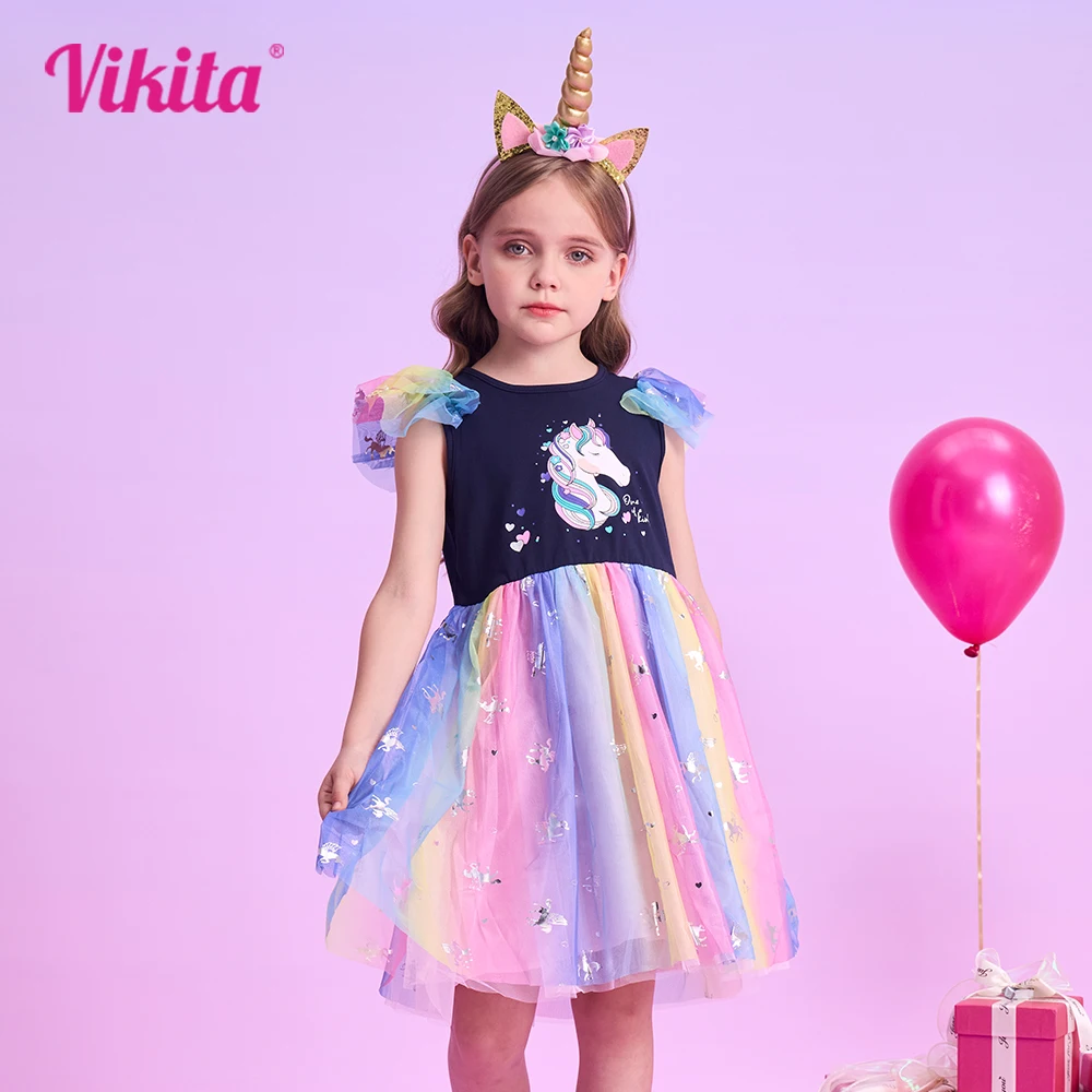 

VIKITA Girls Unicorn Cartoon Print Dress Kids Flare Sleeve Summer Dresses Girls Patchwork Mesh Tulle Elegant Princess Vestidos