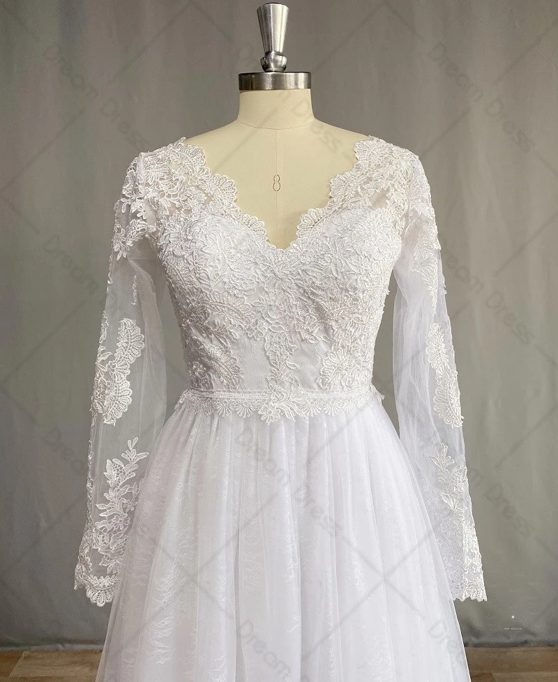 DREAM Vestido De Novia De manga larga con encaje De, traje De Novia bohemio con cuello en V, apliques, corte en A, espalda abierta, 2022,vestidos de fiesta elegantes para boda largo,vestidos baratos con envio gratis