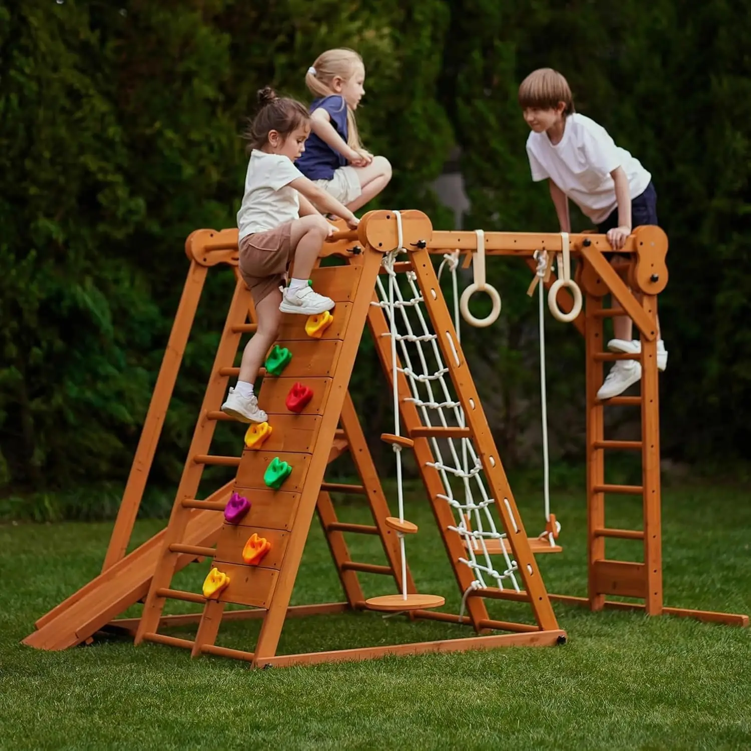 

Игровой комплекс 8-в-1 для дома и улицы – Складной деревянный игровой набор для двора – Детская площадка для малышей от 2 до 6 лет с горкой