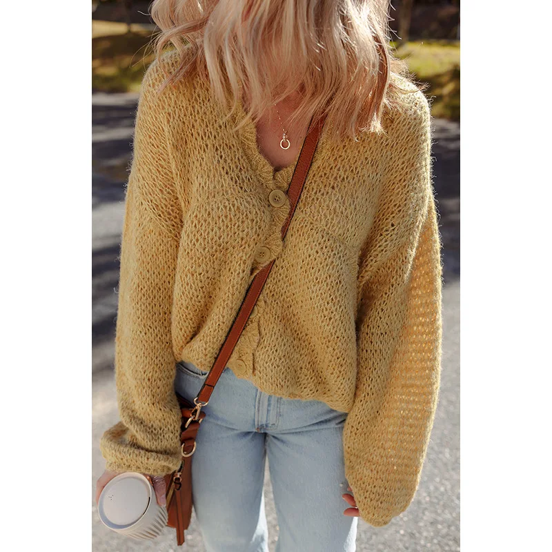 

Autumn New Solid Color Long Sleeved Cardigan for Women, European and American Lazy Loose Knit Sweater for Women
