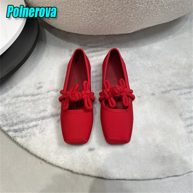 Chinese Knot Ballet Flats for Women Black Red Satin Square Toe Pumps Loafers Summer New Soft Sole Comfortable Casual Shoes