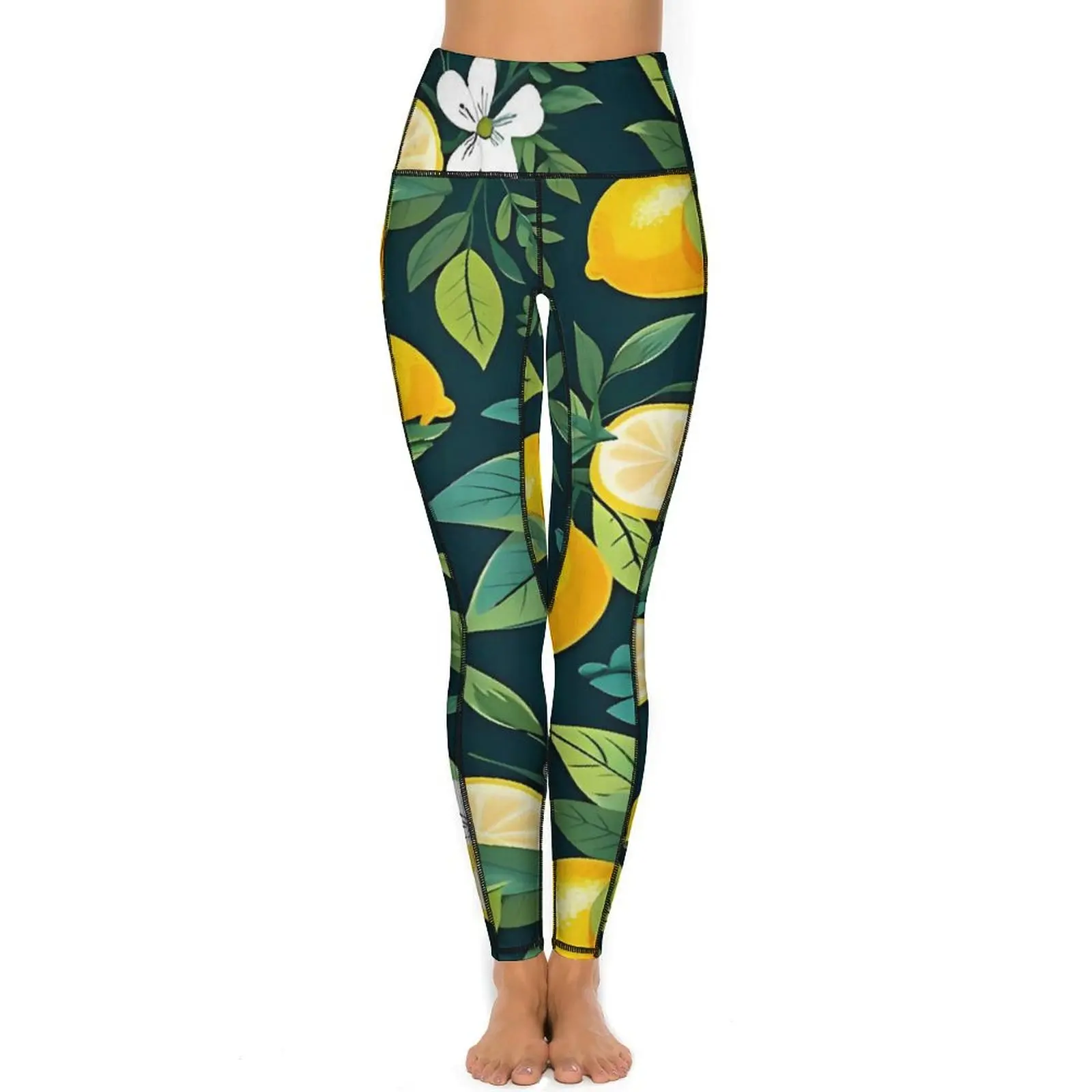 Fruit Print Lemons Leggings Tropical Leaves Work Out Yoga Pants Push Up Sweet Leggins Elastic Custom Sports Tights Big Size