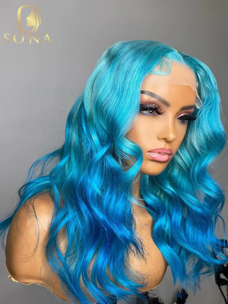 13X6 HD Transparent Lace Frontal Wig 2 Tones Colored Ombre Light Blue Pink Body Wave 13X4 Front Wig  Human Hair Wigs For Women