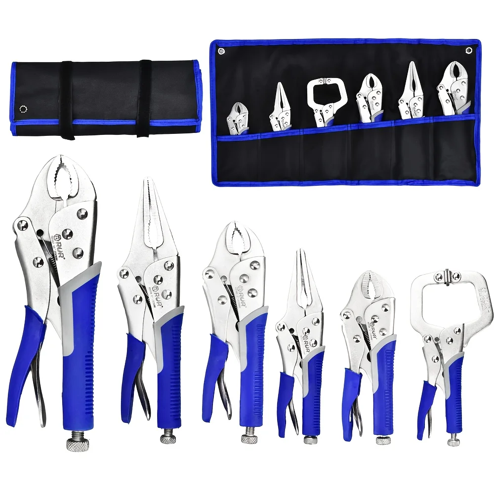 Tools Set 6pcs Locking Pliers Set, 6-1/2", 9-1/2" Needle Nose Vice Grips, 5", 7" And 10" Curved Jaw Vise Grip, 6" C-clamp Locking Pliers, Fast Release with Rolling Pouch view 2