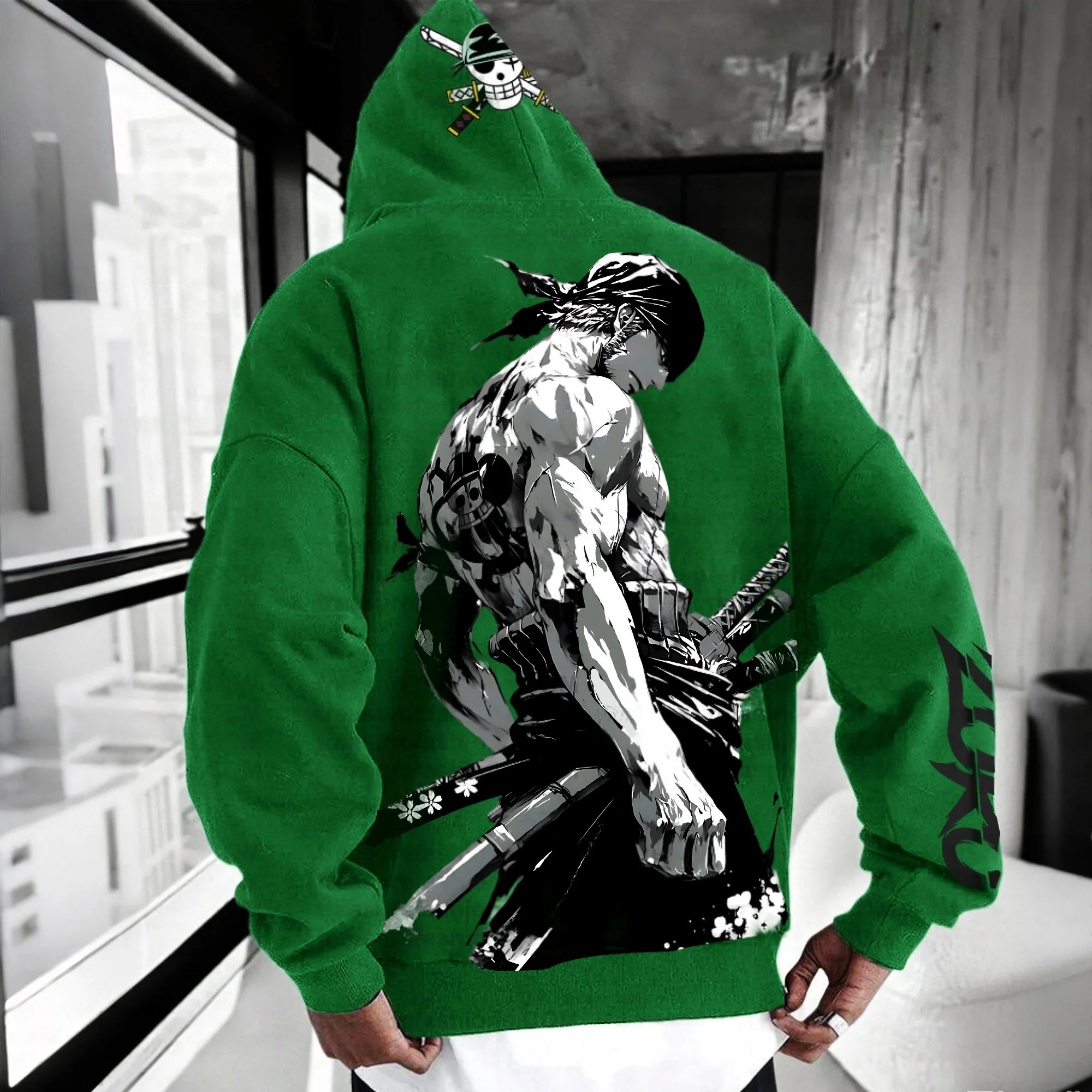 ワンピースゾログリーンパーカー男性女性秋冬ルーズカジュアルストリートウェアランニングフィットネス三刀流スタイルアニメスウェットシャツ