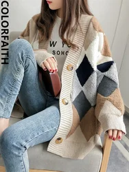 Colorfaith 2024 Plaid Chic Cardigans Button Puff Sleeve Checkered Oversized Women's Sweaters Winter Spring Sweater Tops SW658