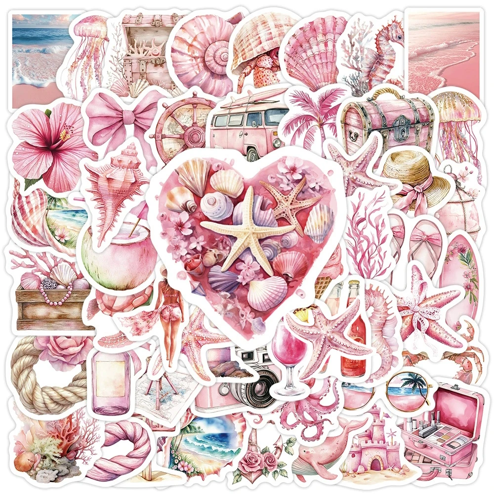 10/30/50pcs Cute Pink Summer Beach Theme Stickers Aesthetic Decals DIY Water Bottle Phone Fridge Cartoon Marine Animals Sticker