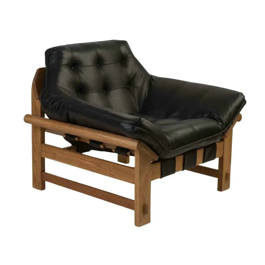#Black Tufted Genuine Leather Lounge Chair and Ottoman European Style Living Room French Solid Wood Vintage Armchair for Home