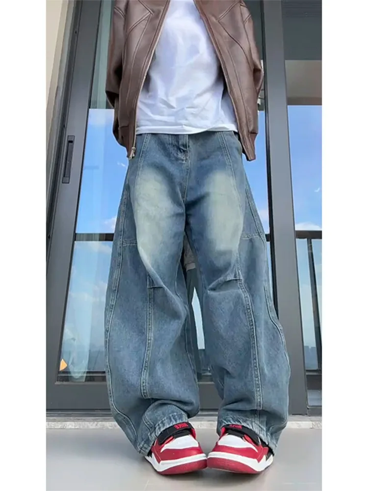 

Retro American Washed Men's Jeans Winter Trendy Brand Patchwork Wide Leg Pants High Street Drapey Long Trousers Fashionable