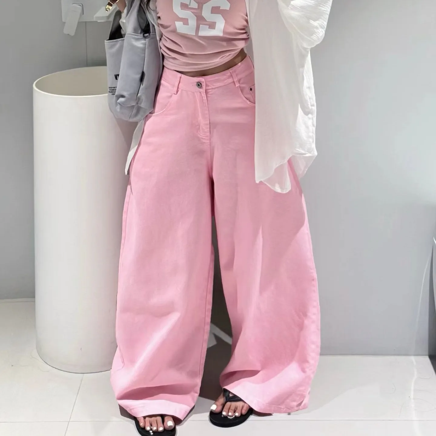 

High Waist Wide Leg Jeans Korean Style Fashionable Summer New Design Belted Slimming Long Length Ladies Loose Fit Cotton Denim
