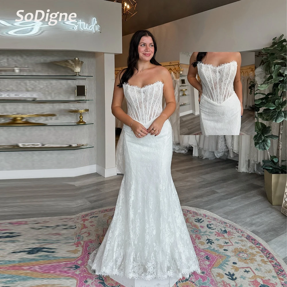 

SoDigne Mermaid Lace Wedding Dresses Sleeveless Strapless Bridal Dress Elegant Long Bride Gown vestidos de novia Customized