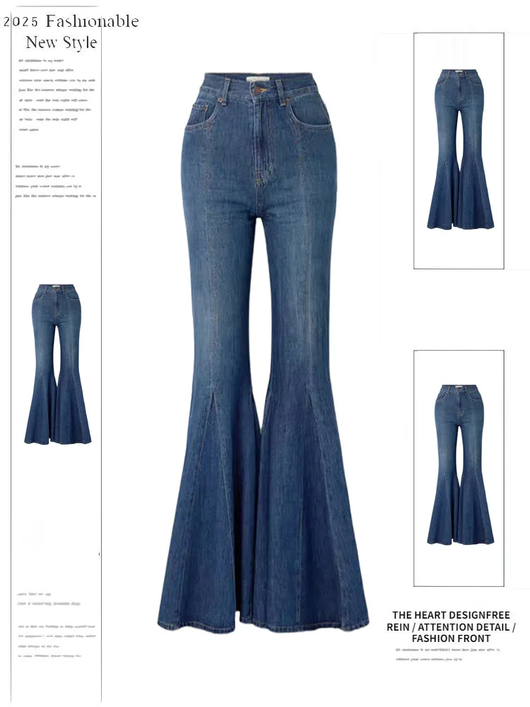 

Blue Bell Bottom Denim Jeans Women's High Waist Slimming Flared Pants Casual Style Zipper Closure Wide Leg Long Trousers