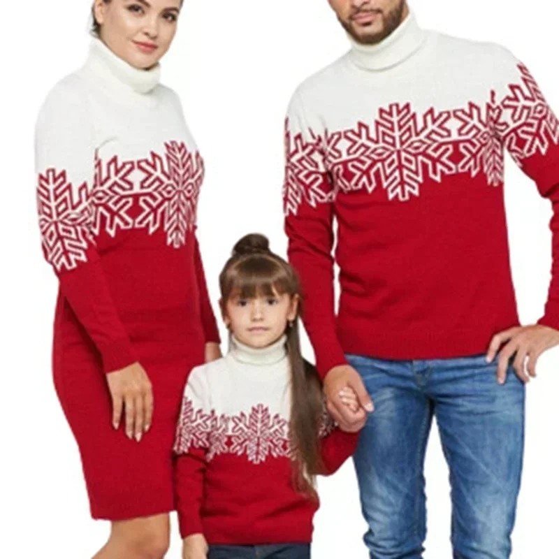 Suéteres a juego de Navidad con estampado de copo de nieve para hombres, niños y niñas, suéteres de Jacquard, suéteres gruesos y cálidos, jersey de cuello alto, aspecto navideño