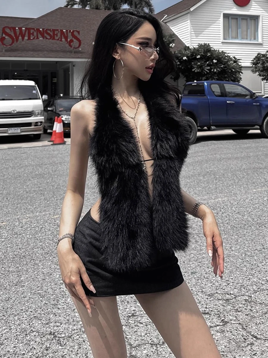 REDDACHiC Furry Halter Top with Cross Dangle Women Sexy Autumn Faux Fur V Neck Tie Up Backless Vest Party Concert Night Clubwear