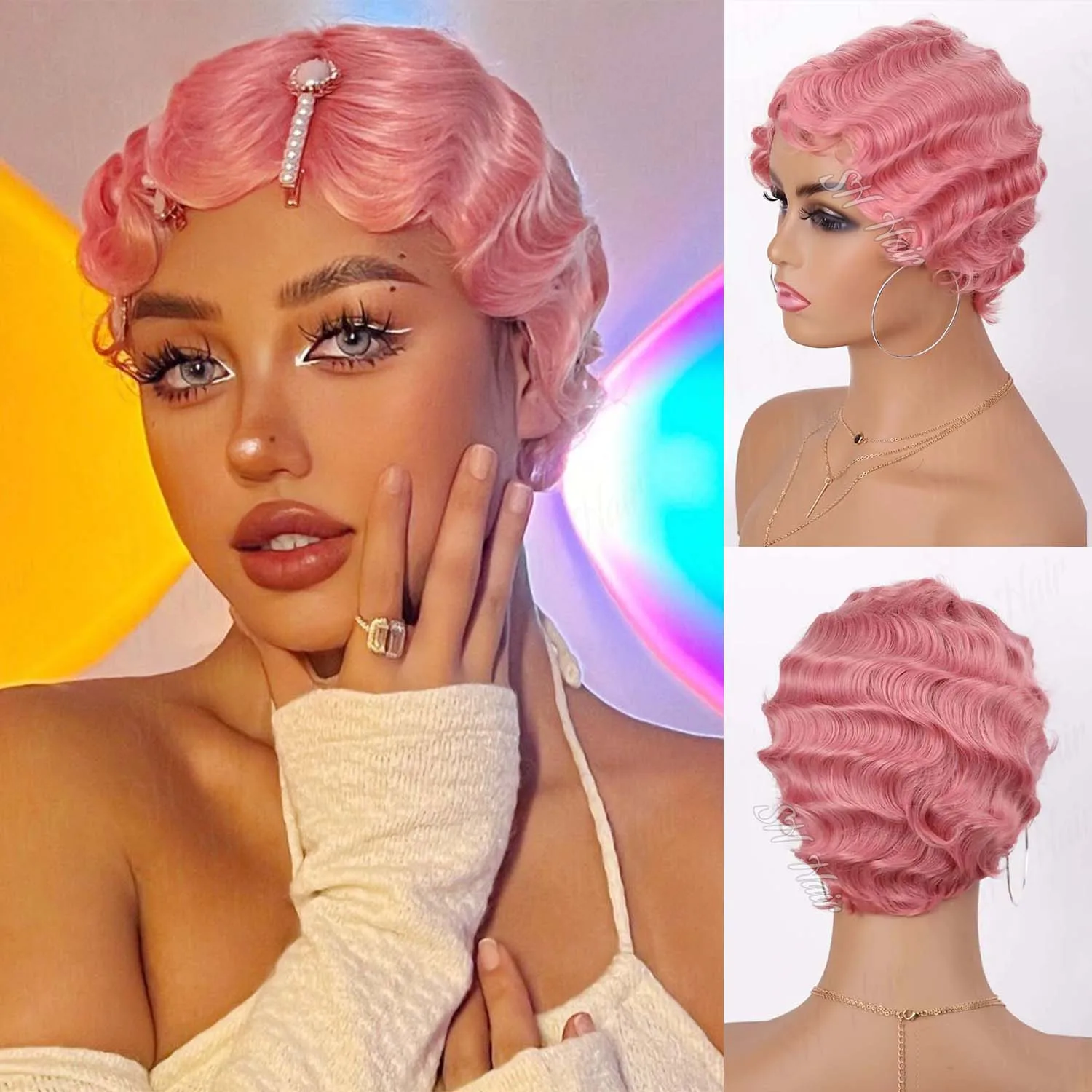Peluca sintética corta ondulada, peluca rizada linda estilo Nuna, pelucas africanas retro realistas para mujeres negras, peluca estilo mamá, peluca rizada con corte pixie