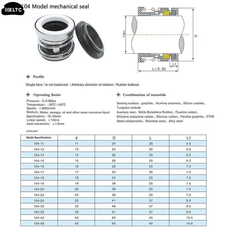 1Set 104-12/14/15/16/17/18/19/20/22/25/28/30/35/40mm Mechanical Shaft Seal Single Spring For Water Pump