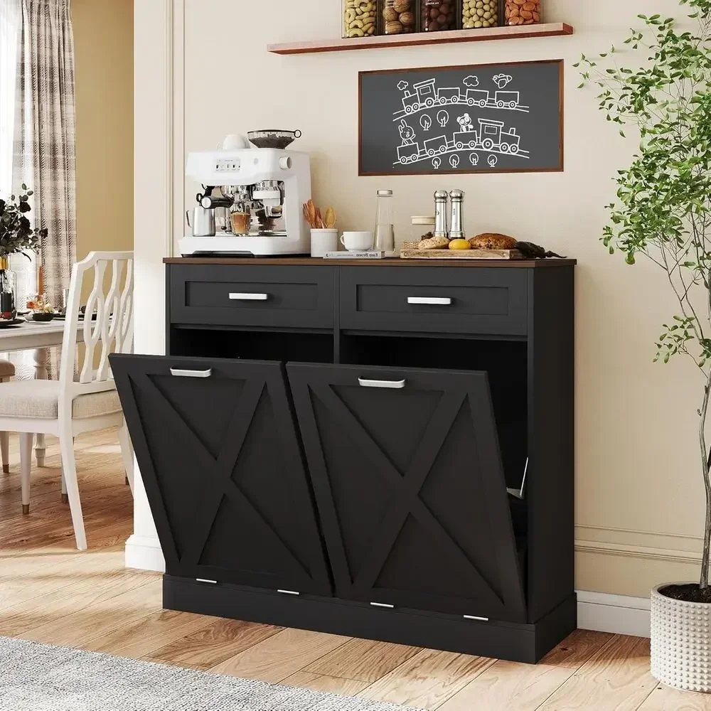 Double 10 Gallon Wooden Trash Can Cabinet with Storage Drawers, Concealed Waste Bin for Dining Room, Black
