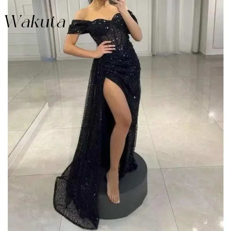 

Wakuta Mermaid Sequin Off The Shoulder Prom Dresses with Slit Tulle Sweetheart Party Evening Gowns 2024 vestido corto elegante