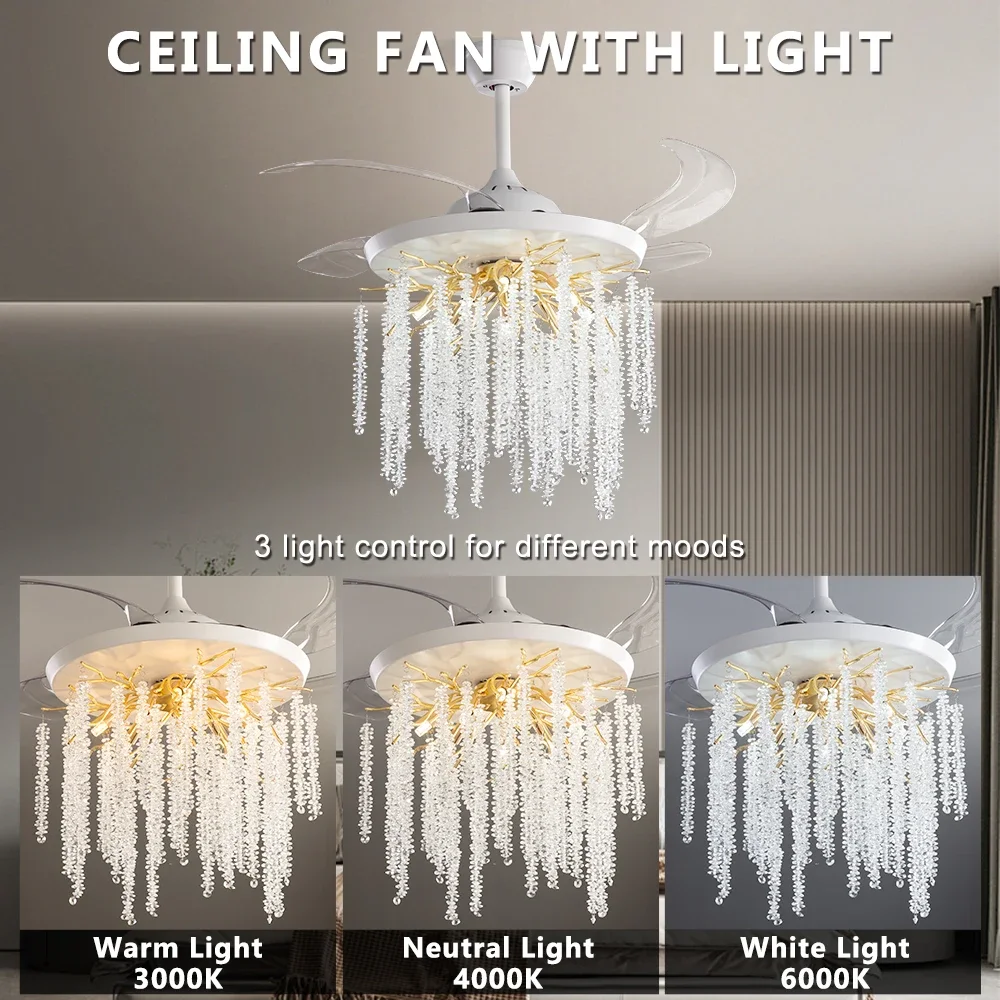 Ceiling Fans With Light For Living Room Dining Room Blades Reversible 6 Speeds Fans Lighting 40W for Bedroom and Lighting