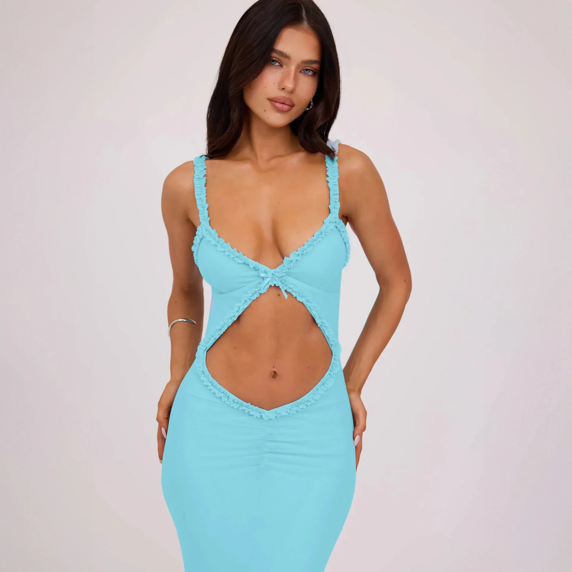 백리스 서스펜더 비치 드레스 우아한 파티 여성 민소매 V넥 컷아웃 바디콘 미니 선드레스 섹시 슬릿 랩 섹시 드레스