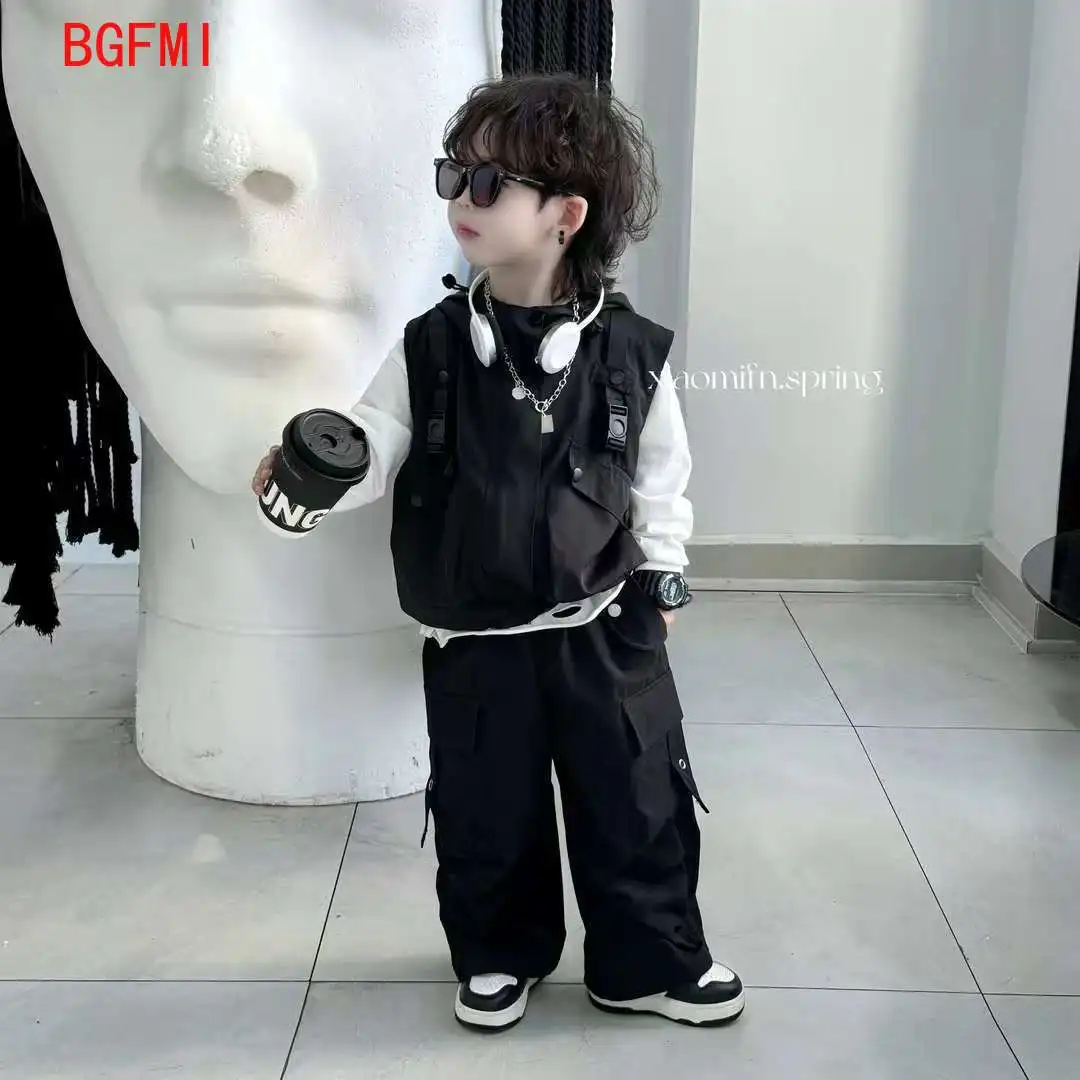 Korean Kids Boy Spring Autumn 3-piece Set Children's Outerwear Ripped T-shirt+Hooded Vest+Loose Cargo Pants Handsome Casual Suit