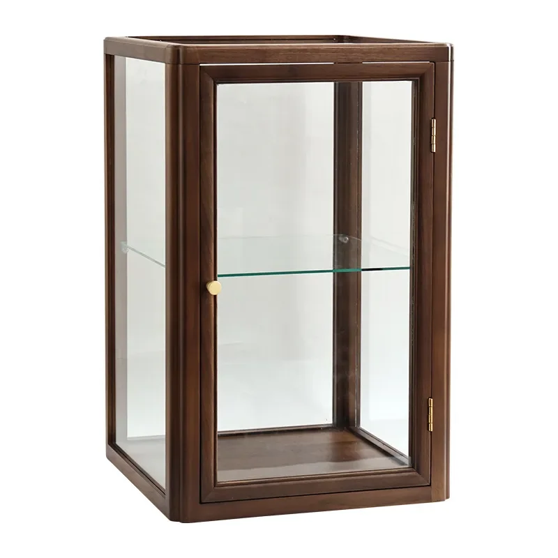 Black Walnut Solid Wood Glass Display Cabinet Desktop Storage for Tea Ceremony Teacups Dustproof Showcase