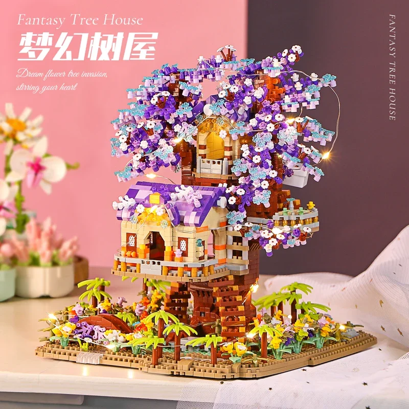 Ładna Sakura domek na drzewie Diy mikro diamentowy Model bajkowy świat klocki kreatywne wewnętrzne dekoracje dla dorosłych zabawka dla dzieci