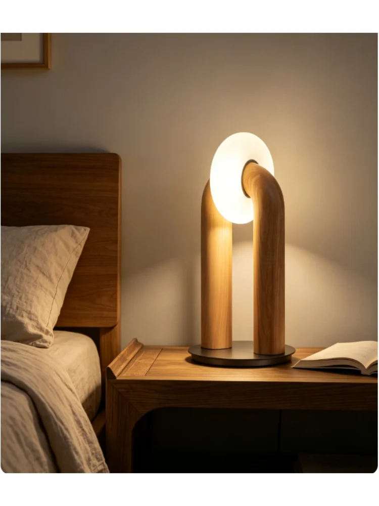 Japanese Minimalist Solid Wood Touch Control Table Lamp, Modern Curved Arch Dimmable Desk Lamp, Elegant Circular Soft Glow Bedsi