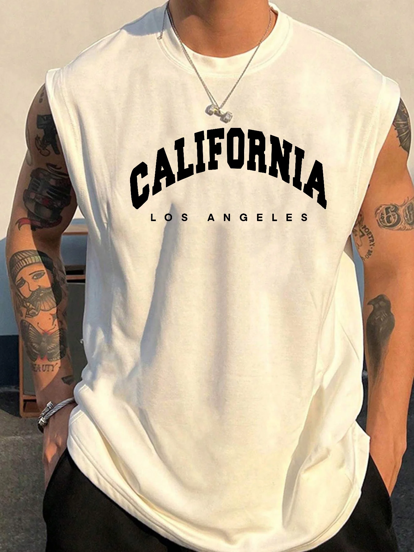 100% Pure Cotton Men's Summer Fashion Casual Sports Loose California Letter Print Fitness Breathable Round Neck Sleeveless Vest