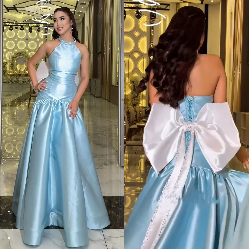 

Customized Sizes Available Charmeuse Pleat Bow Mermaid Halter Long Dresses Bespoke Occasion Formal Sparkle